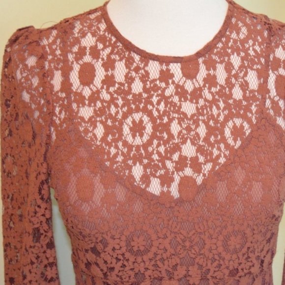 NWT $70 ZARA Women XS Terracotta Lace Overlay Cami Midi Dress Bohemian Elegant - Picture 7 of 13